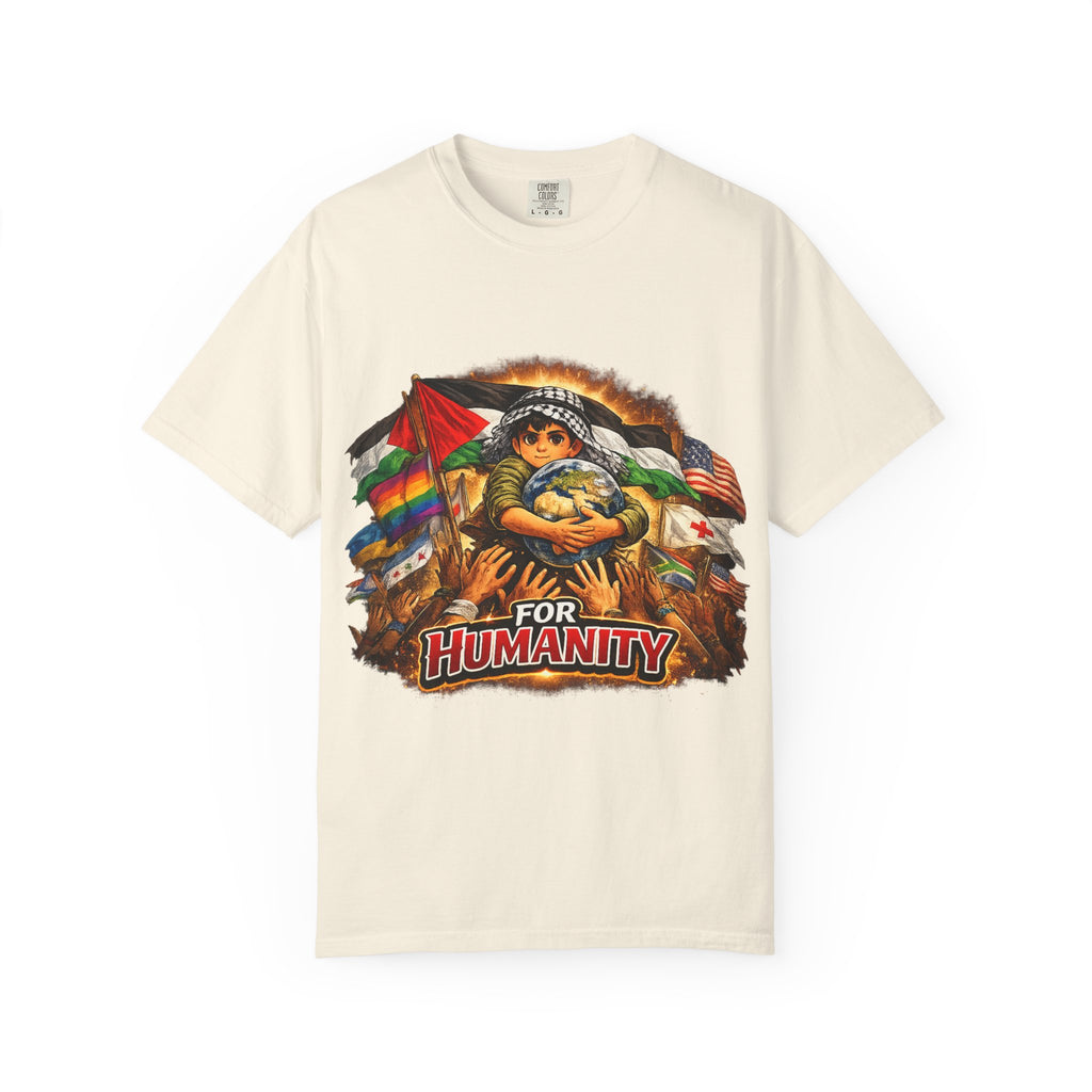 T-Shirt — "For Humanity" Graphic Tee with Inclusive Flags & Earth Embrace