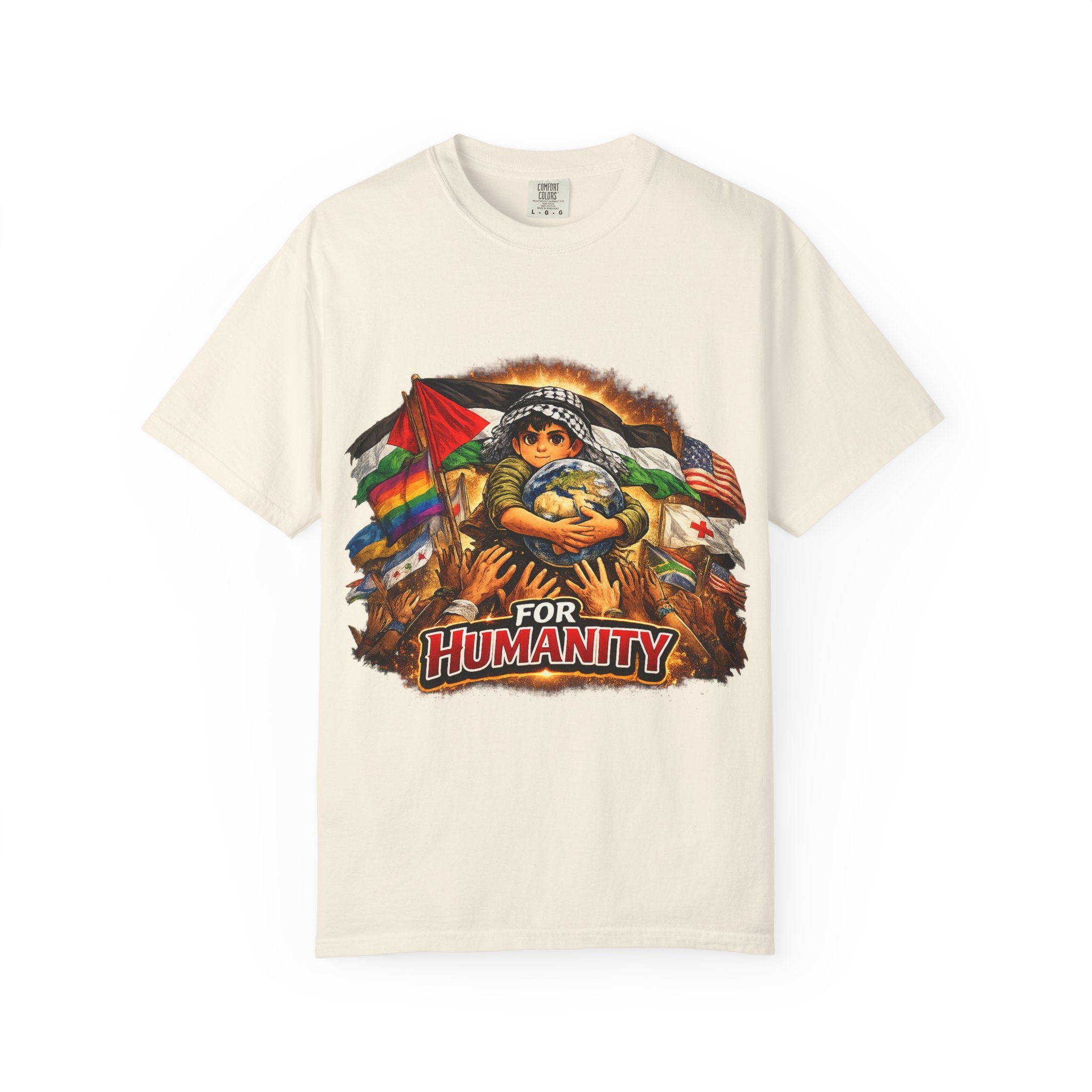 T-Shirt — "For Humanity" Graphic Tee with Inclusive Flags & Earth Embrace