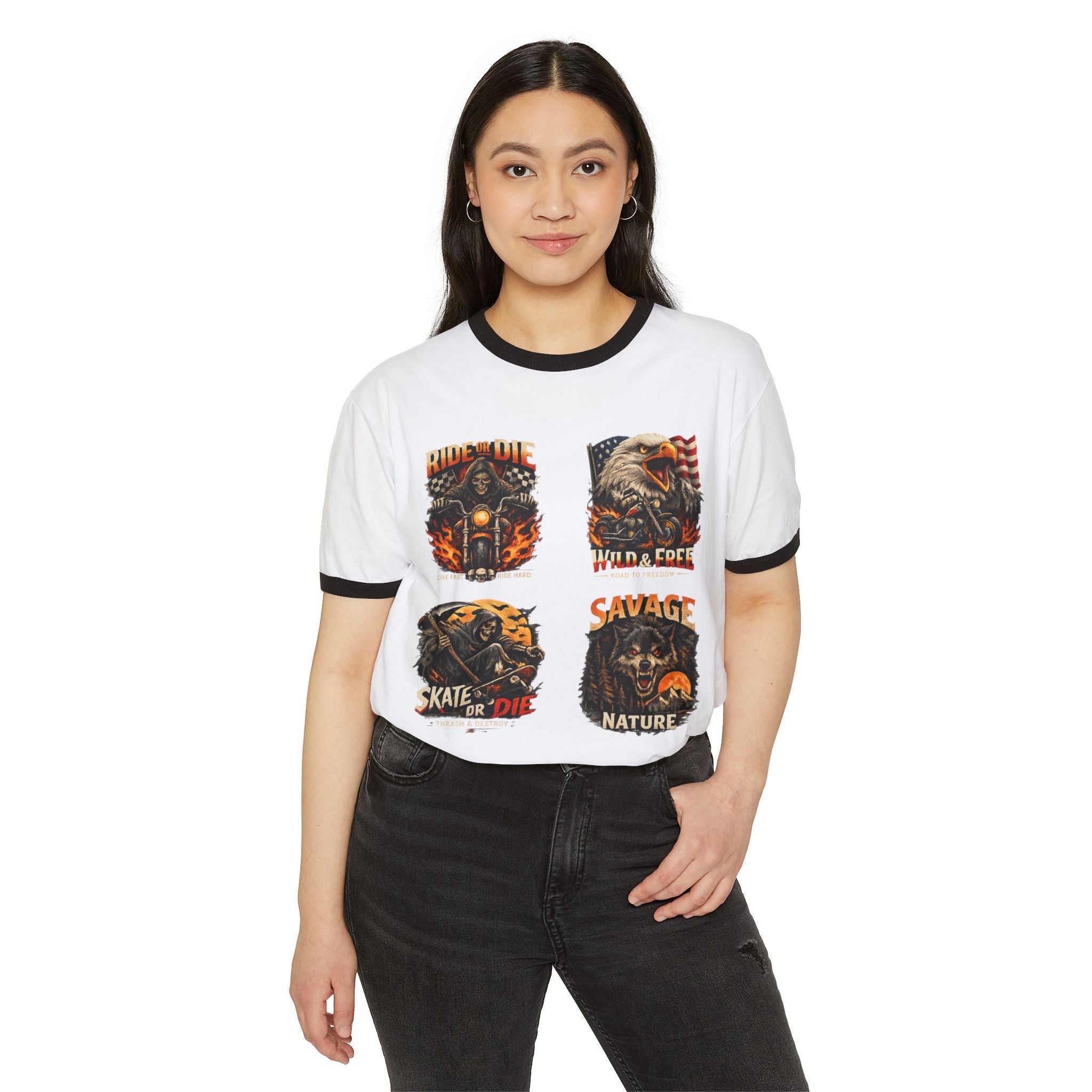 Graphic Ringer T-Shirt — Vintage Motorcycle & Eagle Patch Design