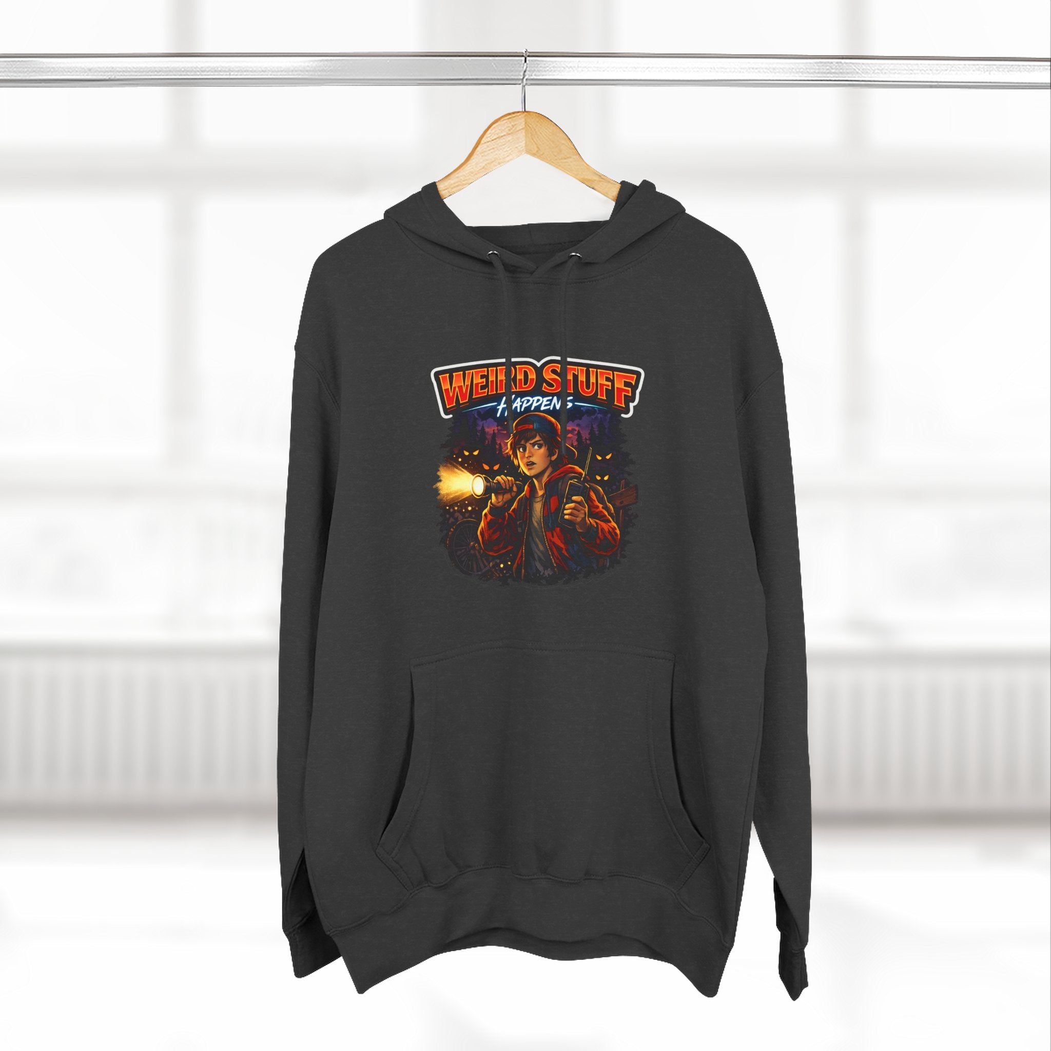 Weird Stuff Happens Hoodie — Retro Stranger-Adventure Graphic Pullover