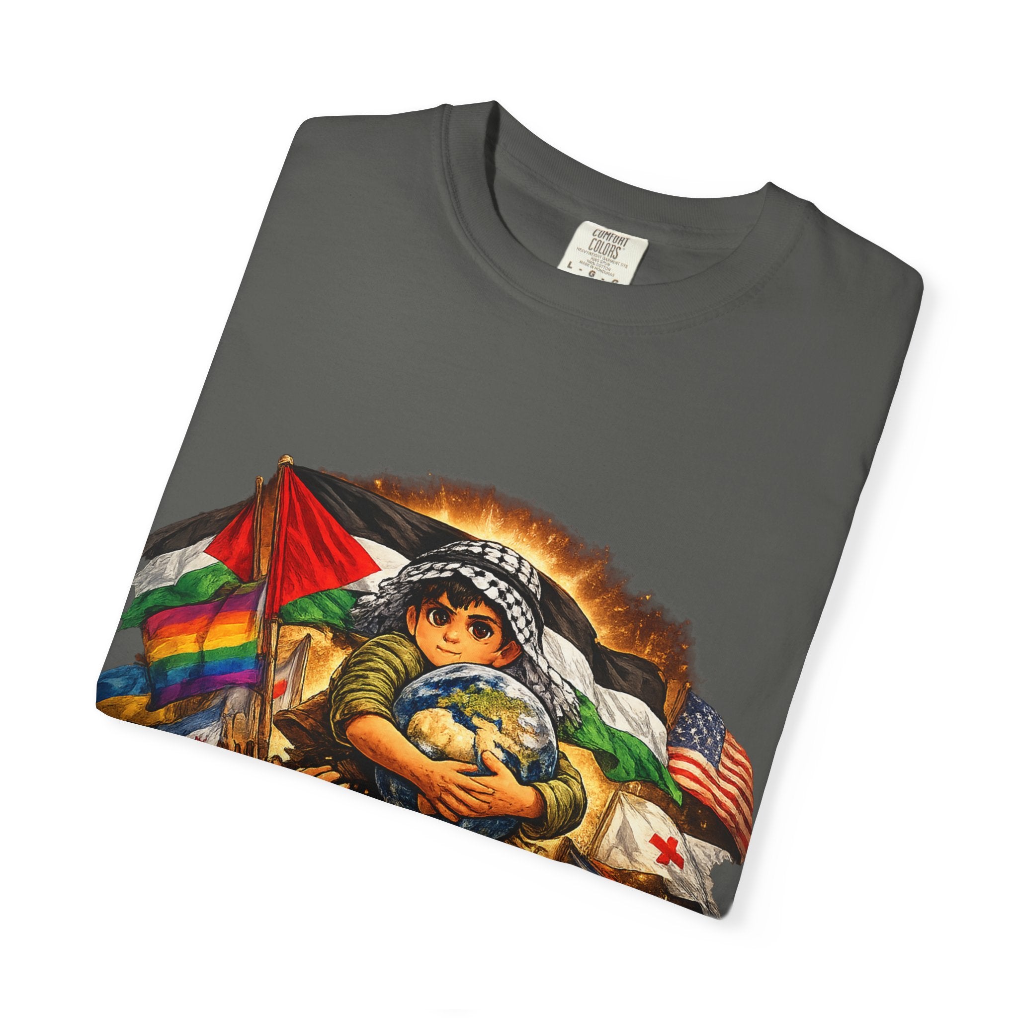 T-Shirt — "For Humanity" Graphic Tee with Inclusive Flags & Earth Embrace