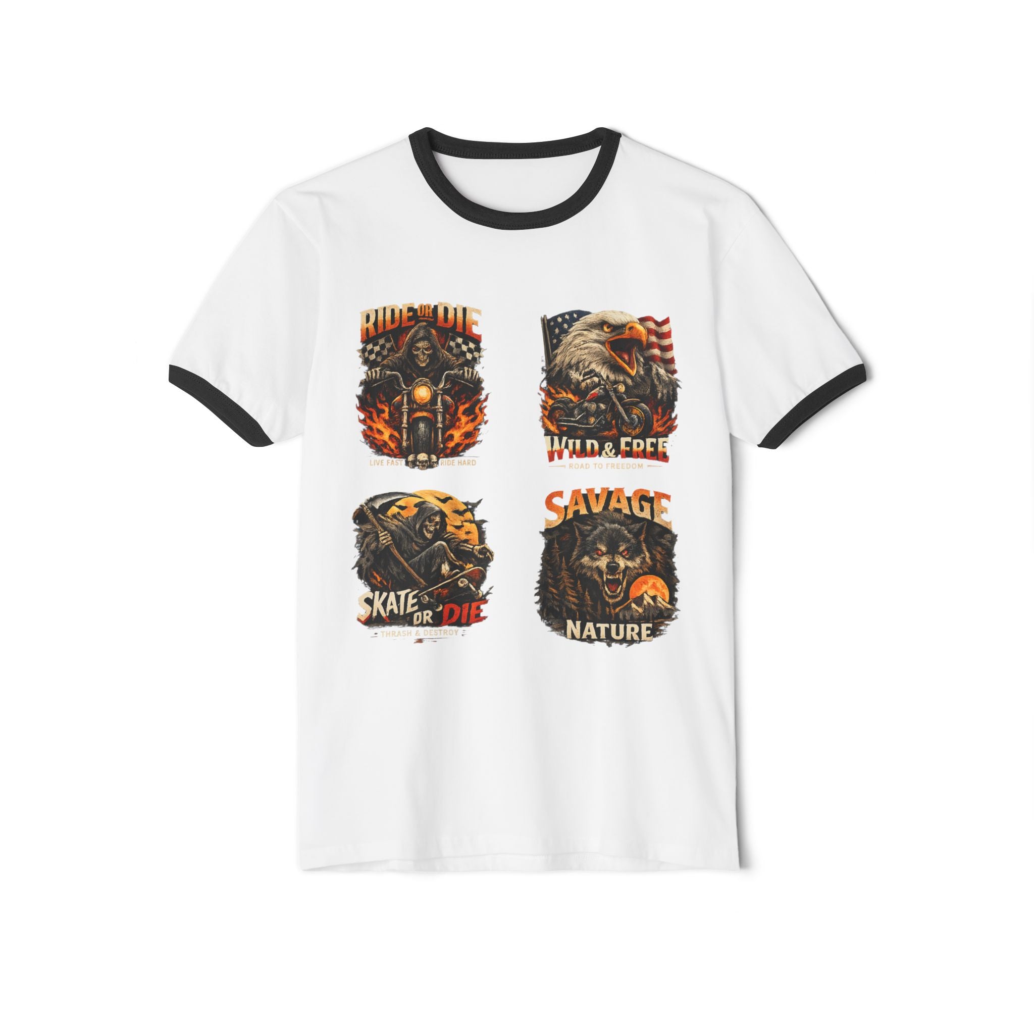 Graphic Ringer T-Shirt — Vintage Motorcycle & Eagle Patch Design