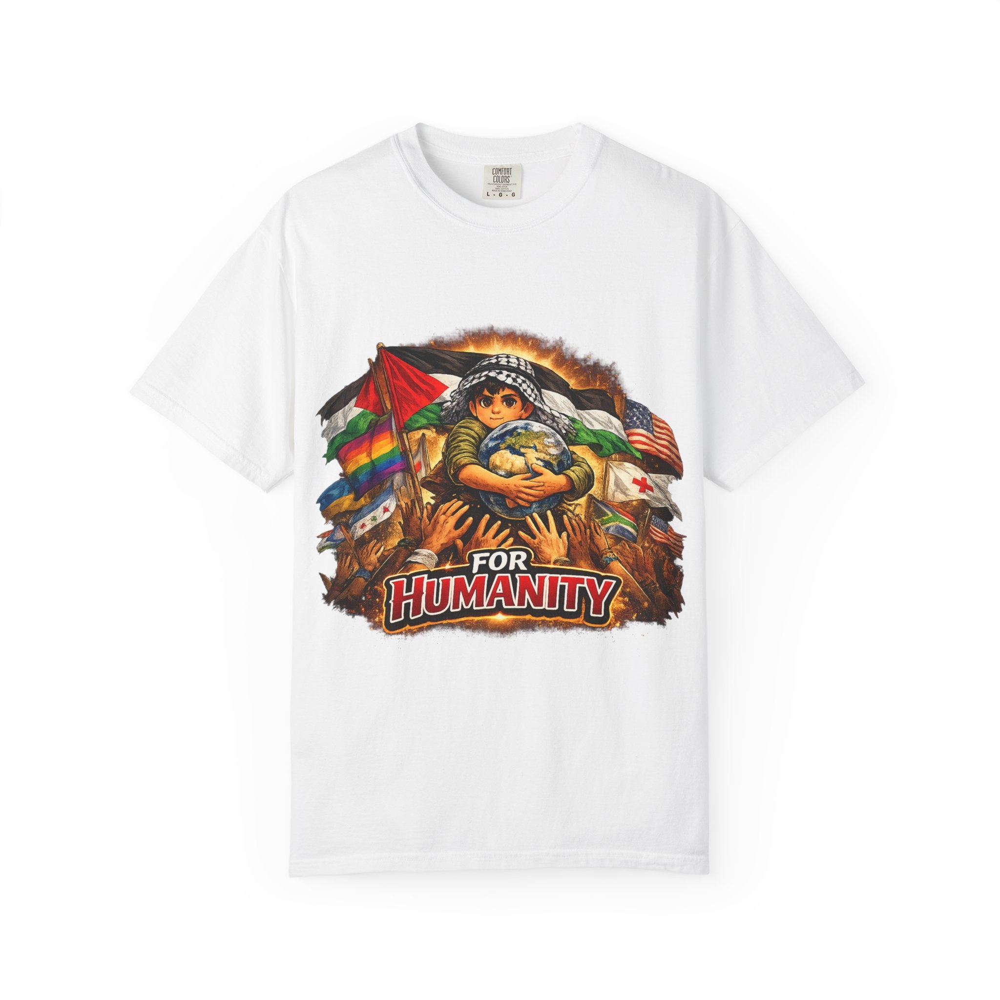T-Shirt — "For Humanity" Graphic Tee with Inclusive Flags & Earth Embrace