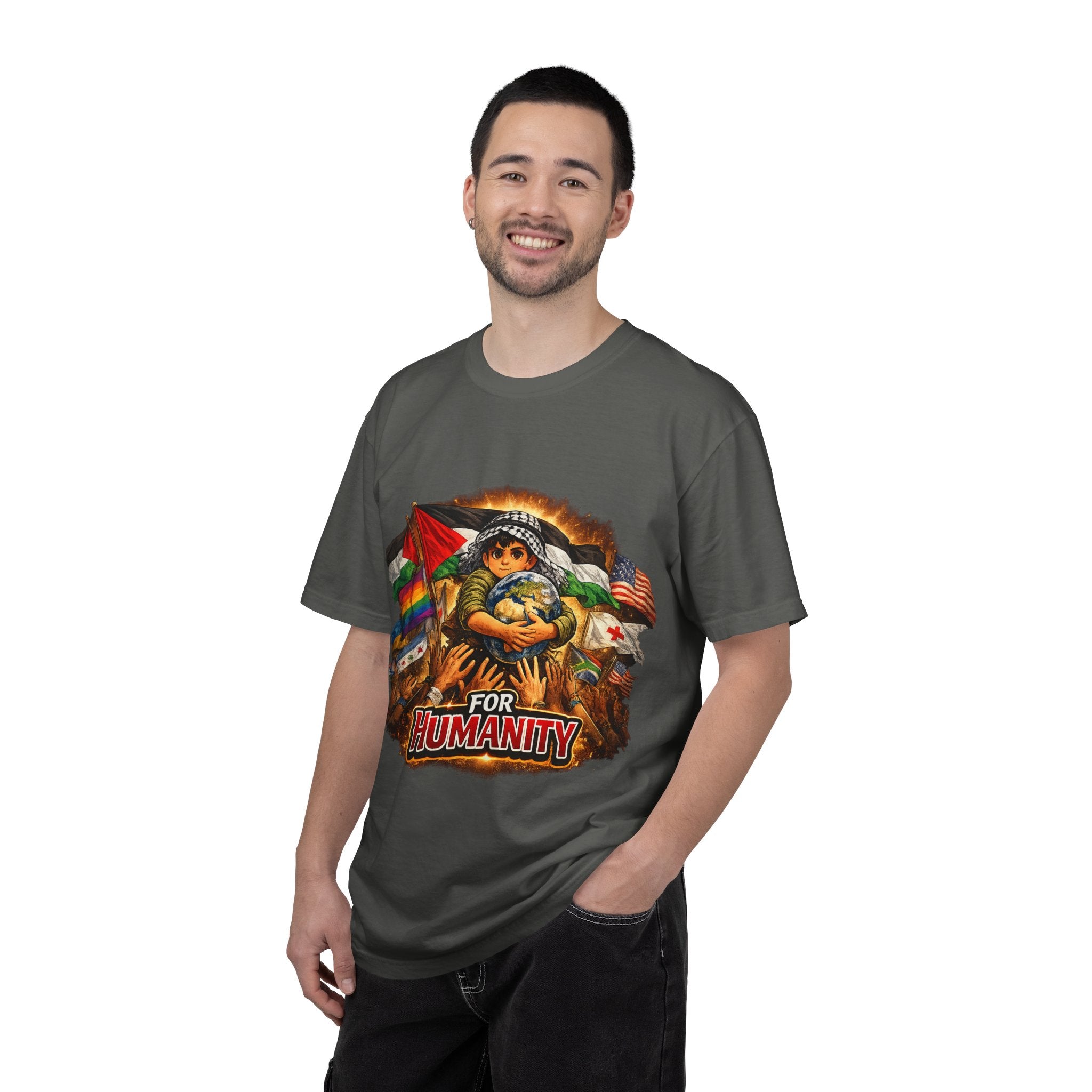 T-Shirt — "For Humanity" Graphic Tee with Inclusive Flags & Earth Embrace