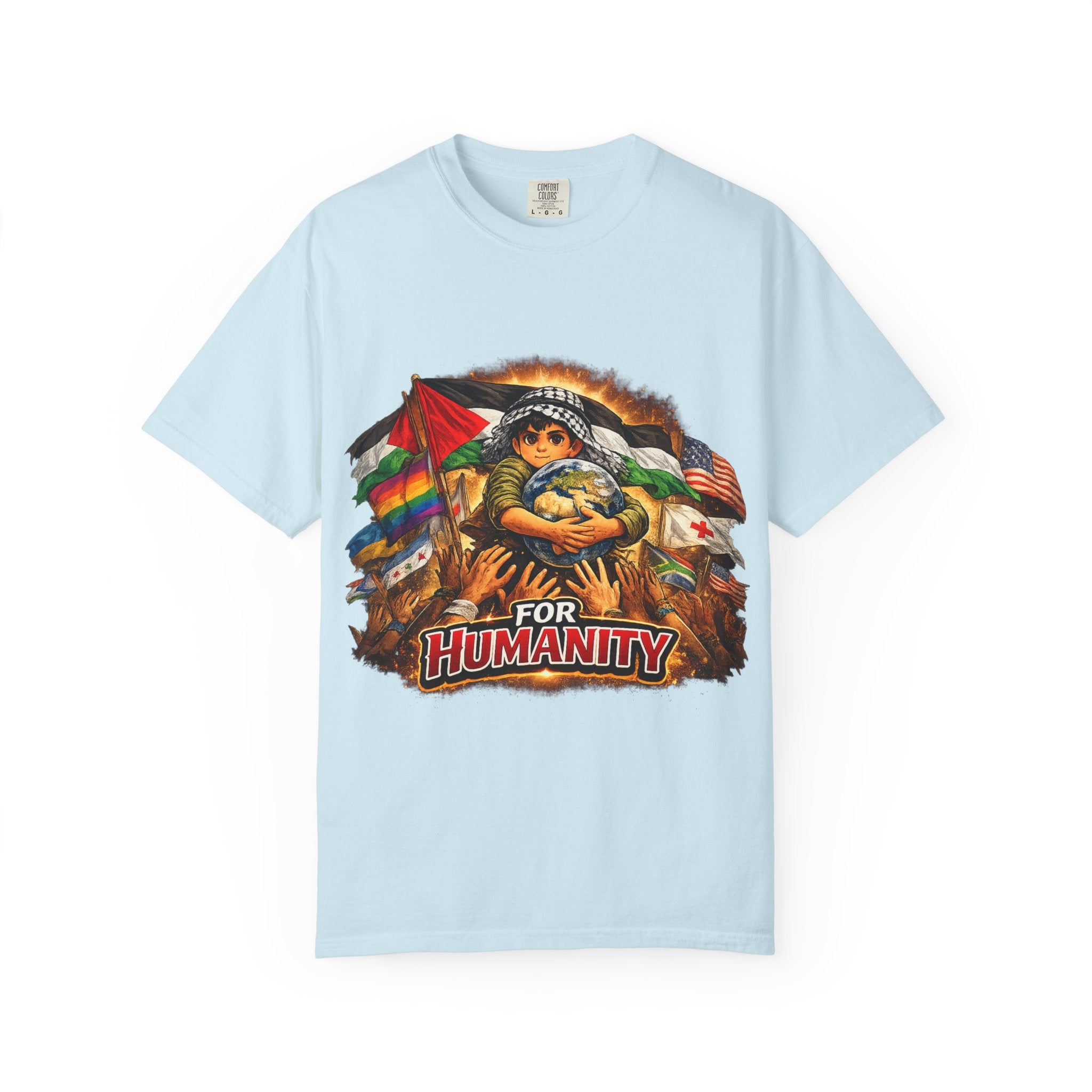 T-Shirt — "For Humanity" Graphic Tee with Inclusive Flags & Earth Embrace