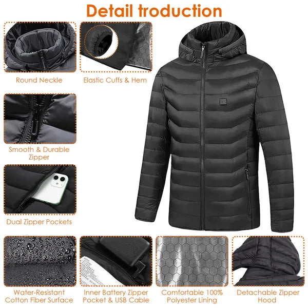 Heated Jacket Electric Heating Coat Lightweight Winter Hooded Jacket With 3-Level Heating Modes 8 Heating Zones Detachable Zipper Hood