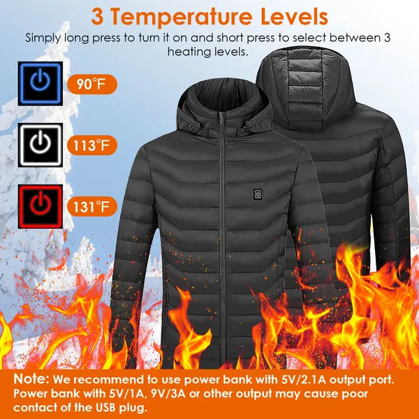 Heated Jacket Electric Heating Coat Lightweight Winter Hooded Jacket With 3-Level Heating Modes 8 Heating Zones Detachable Zipper Hood